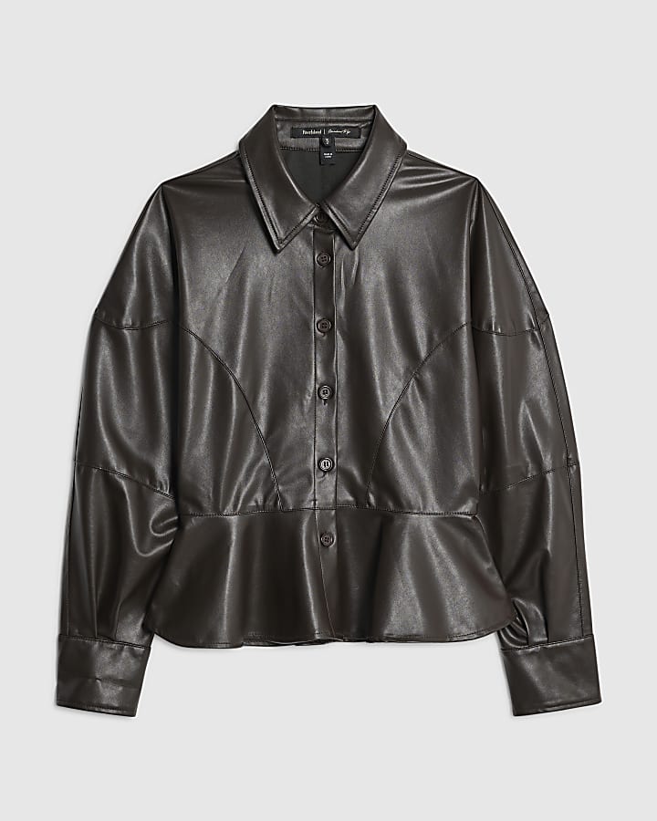 Brown Faux Leather Long Batwing Sleeve Shirt