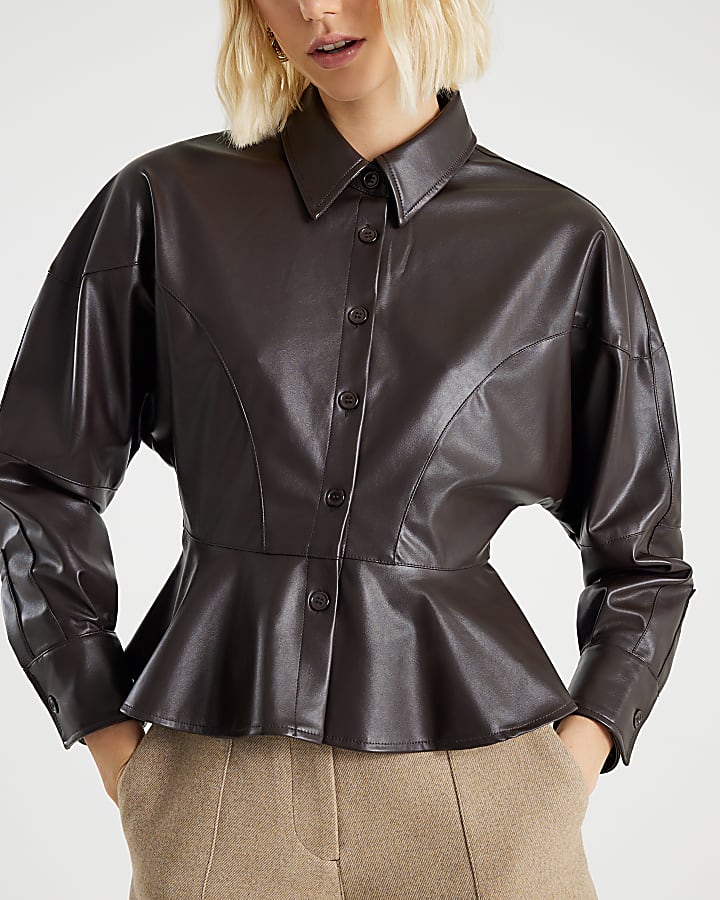Brown Faux Leather Long Batwing Sleeve Shirt