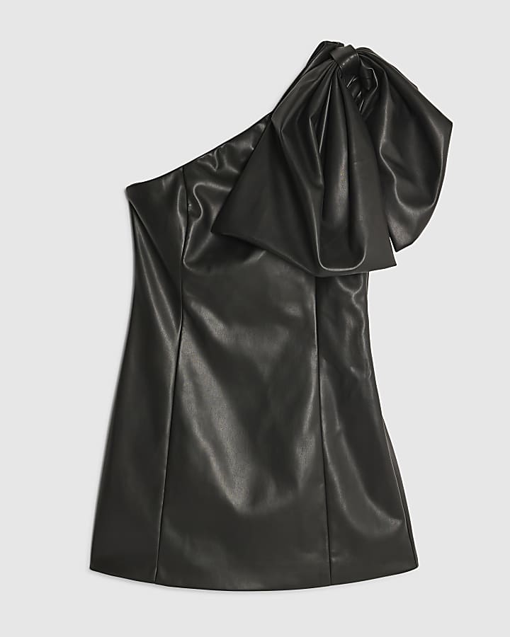 Black Faux Leather One Shoulder Mini Dress