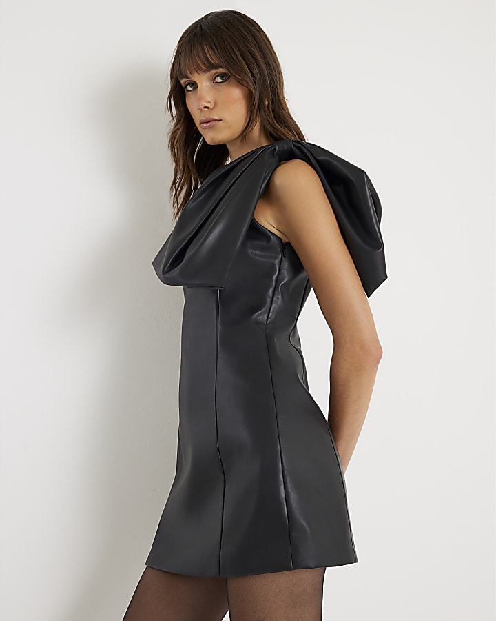 Black Bow One Shoulder Mini Dress