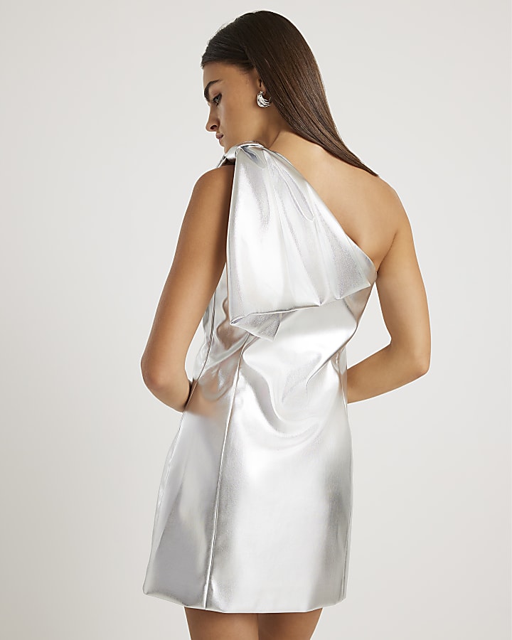 Silver Bow One Shoulder Mini Dress