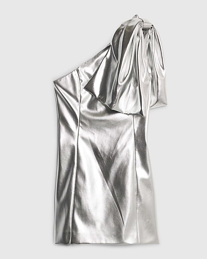 Silver Faux Leather One Shoulder Mini Dress