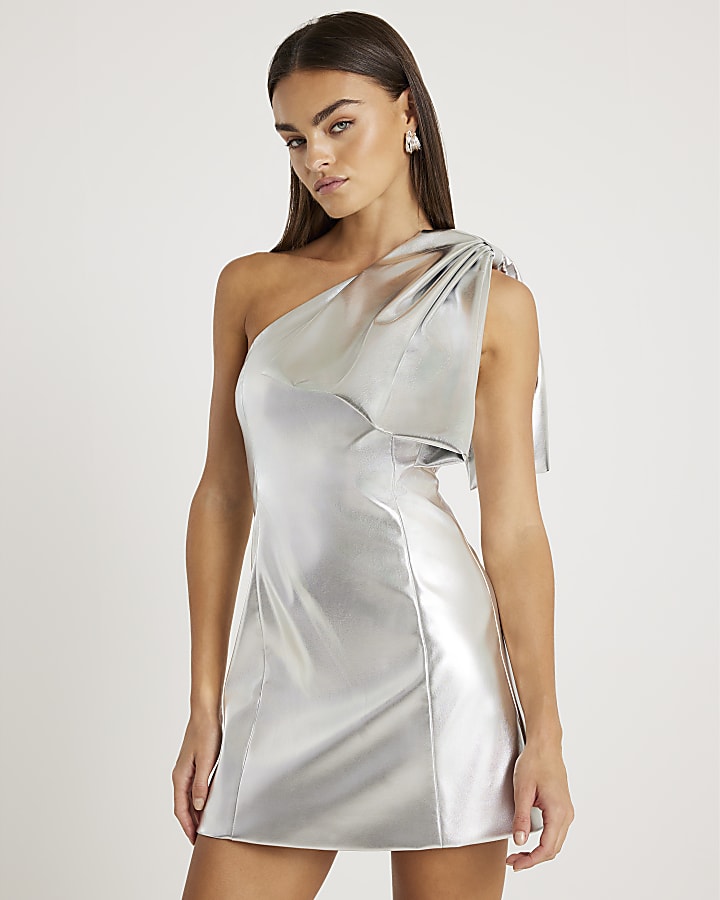 Silver Bow One Shoulder Mini Dress