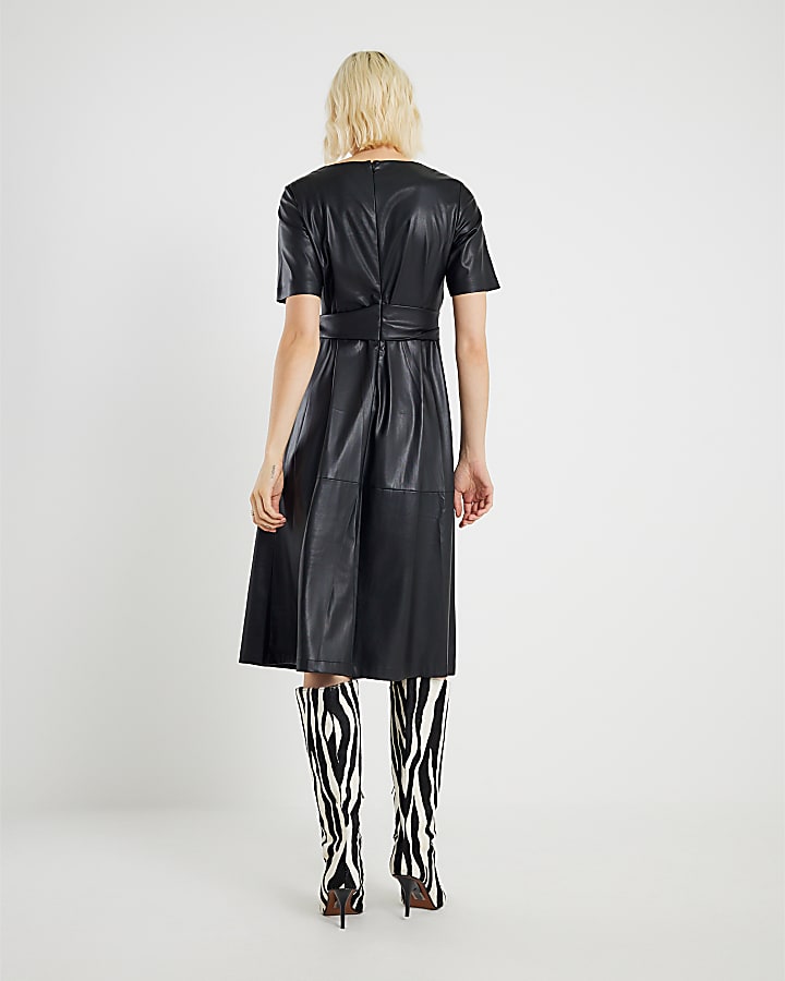 Black Faux Leather Buckle Detail Swing Dress