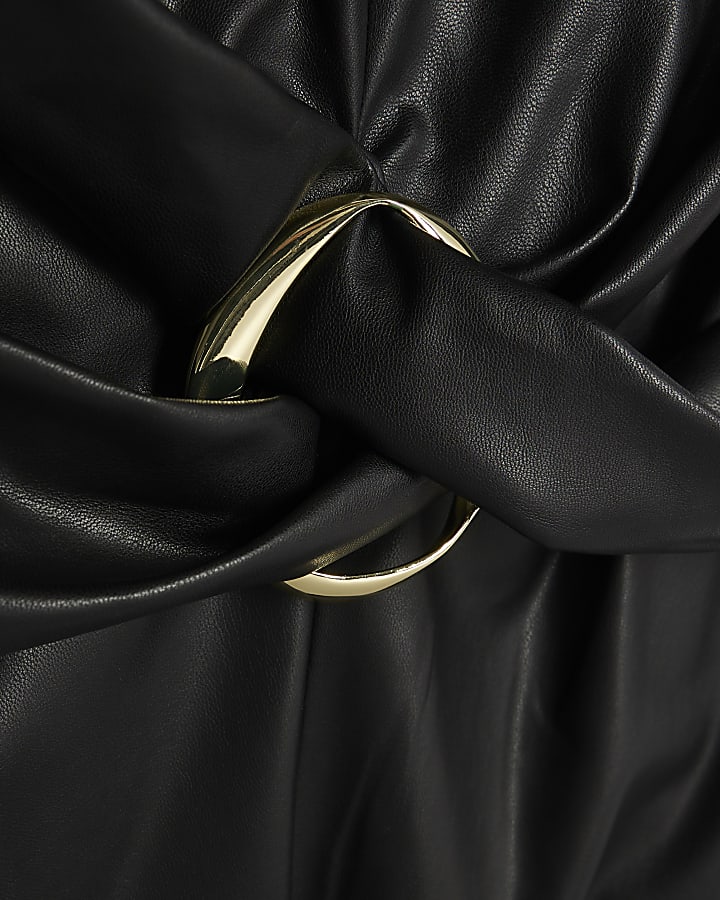 Black Faux Leather Buckle Detail Swing Dress