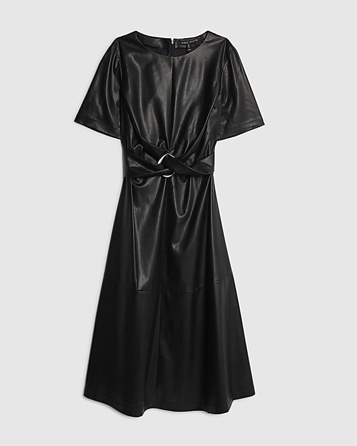Black Faux Leather Buckle Detail Swing Dress