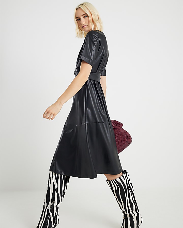Black Faux Leather Buckle Detail Swing Dress