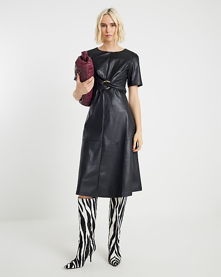 Black Faux Leather Buckle Detail Swing Dress