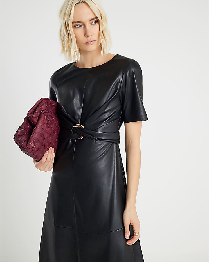 Black Faux Leather Buckle Detail Swing Dress