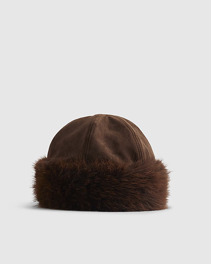 Brown Faux Suedette Fur Hat