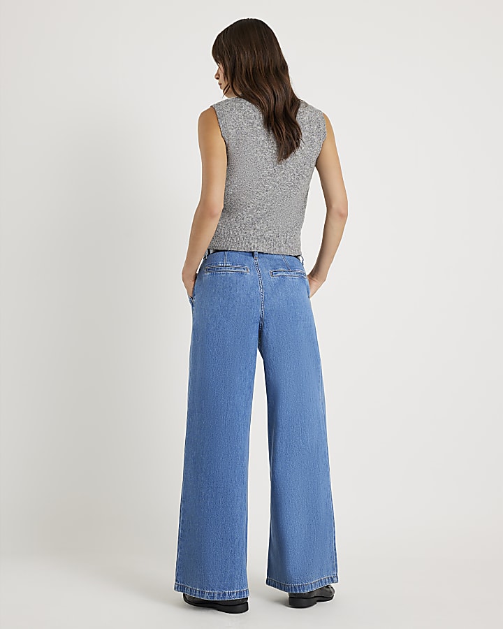 Blue Belted Wide Leg Pleated Jeans