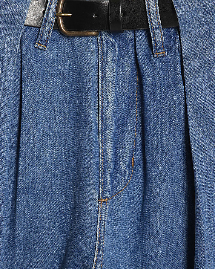 Blue Belted Wide Leg Pleated Jeans