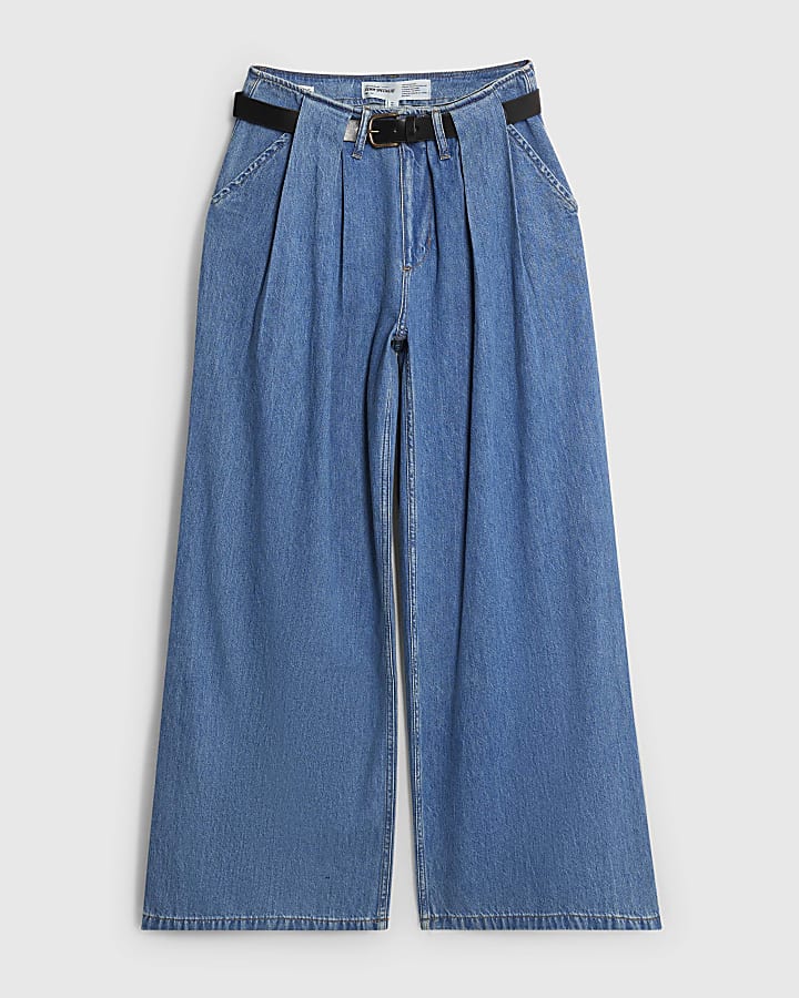 Blue Belted Wide Leg Pleated Jeans