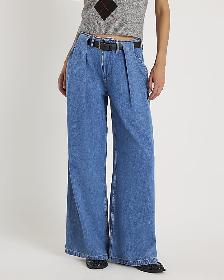 Blue Belted Wide Leg Pleated Jeans