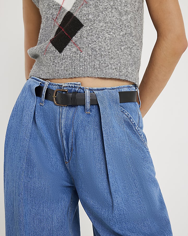 Blue Belted Wide Leg Pleated Jeans