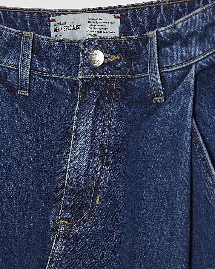 Blue Tapered Leg Pleated Jeans