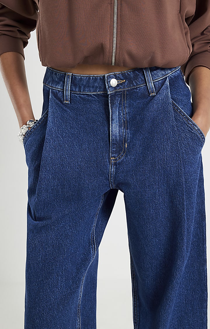 Blue Tapered Leg Pleated Jeans
