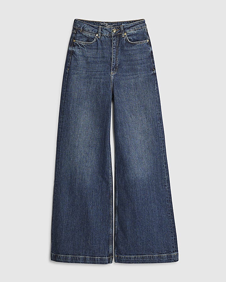 Blue Mid Rise Wide Leg Jeans