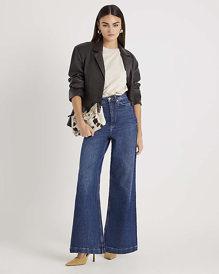 Blue Mid Rise Wide Leg Jeans
