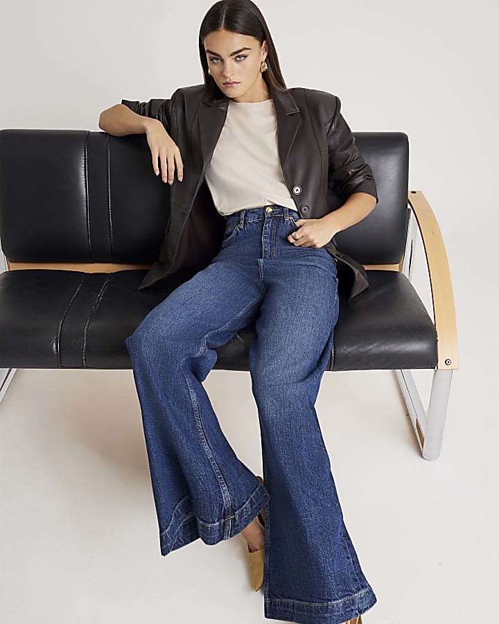 Blue Mid Rise Wide Leg Jeans