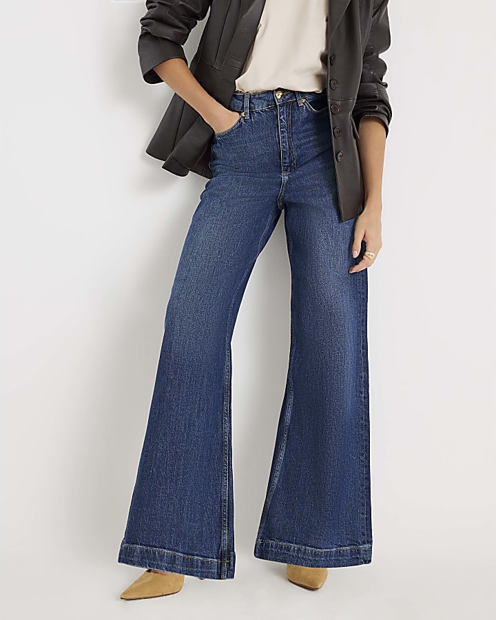 Blue Mid Rise Wide Leg Jeans