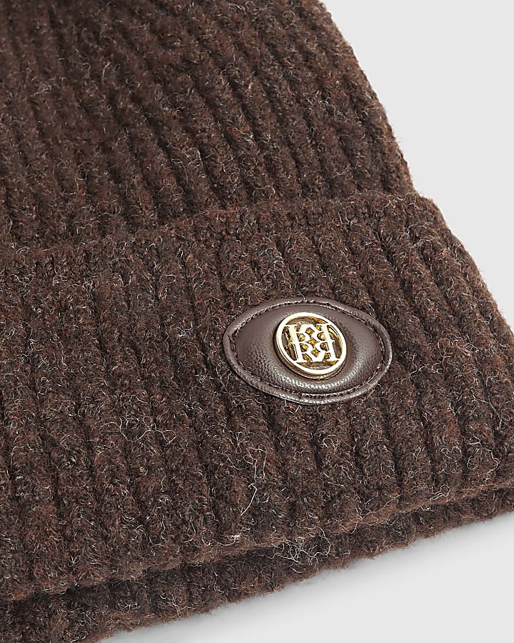 Brown Ribbed Pom Beanie Hat