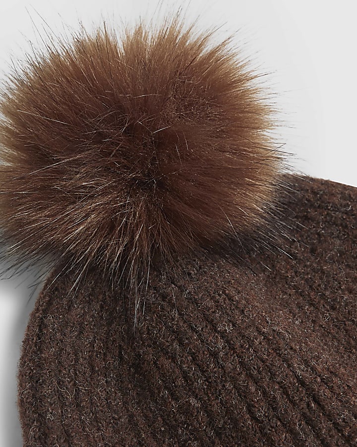 Brown Ribbed Pom Beanie Hat