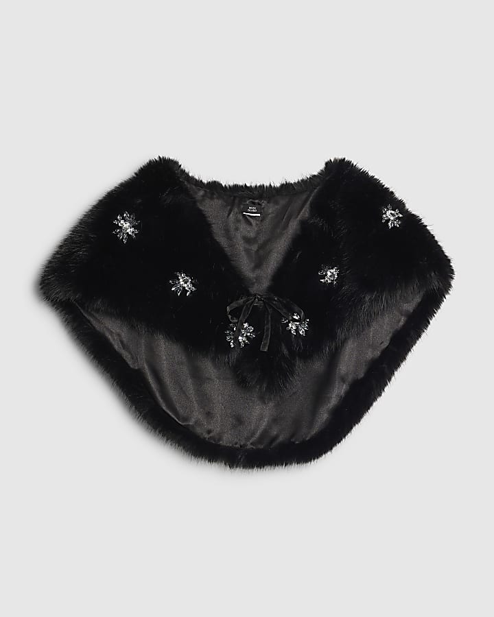Black Embellished Faux Fur Cape