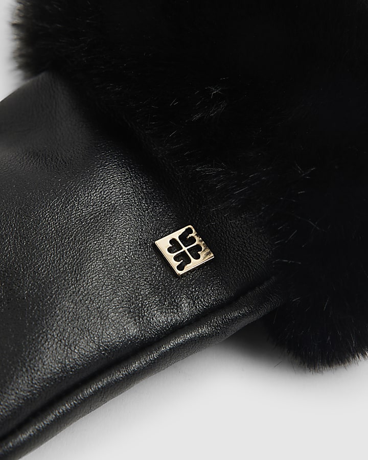 Black Faux Fur Trim Leather Gloves