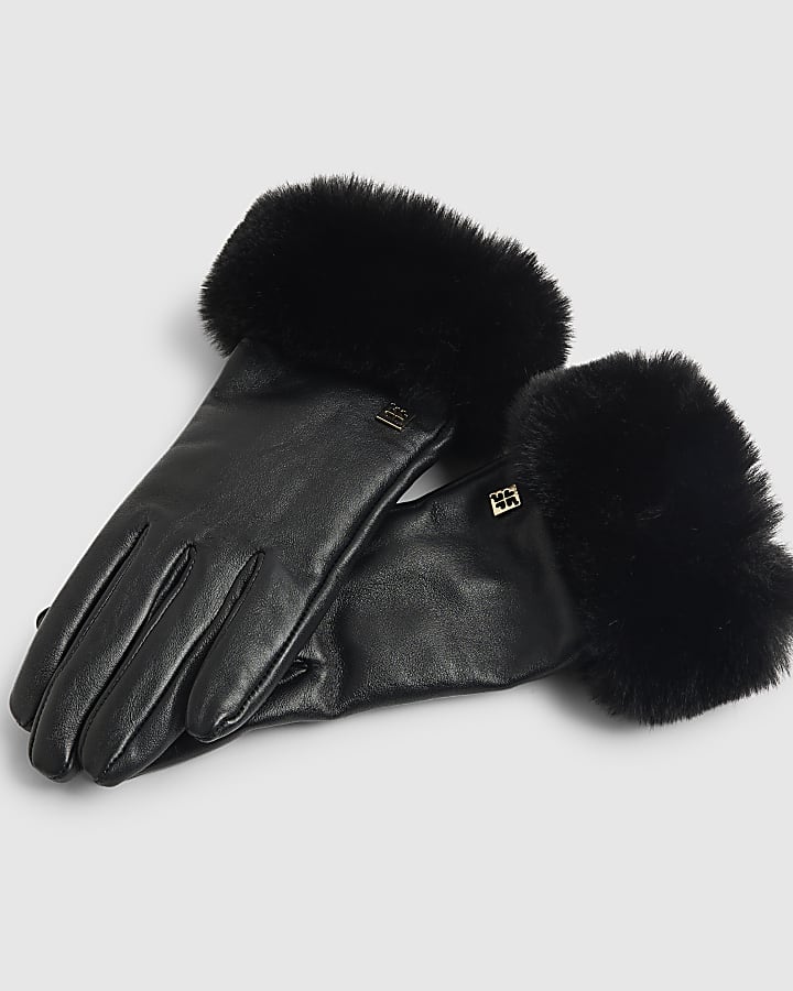Black Faux Fur Trim Leather Gloves