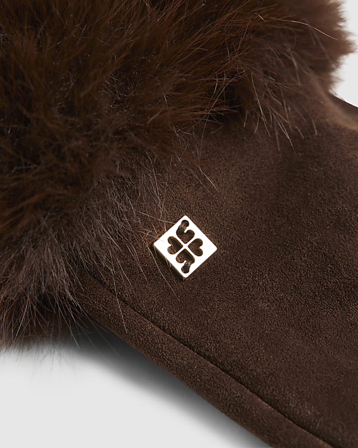 Brown Faux Fur Trim Gloves