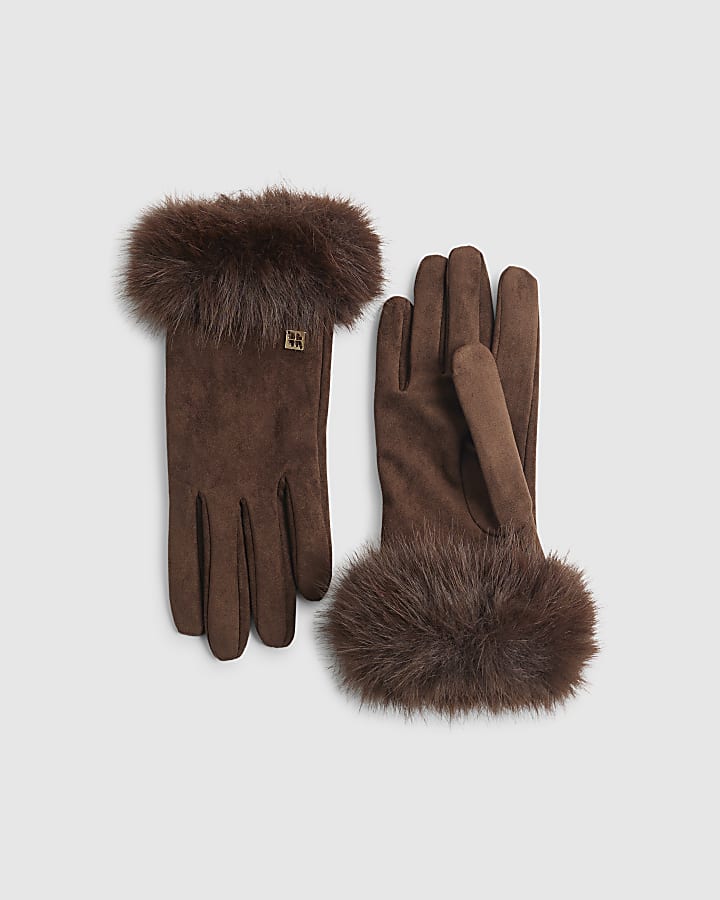 Brown Faux Fur Trim Gloves