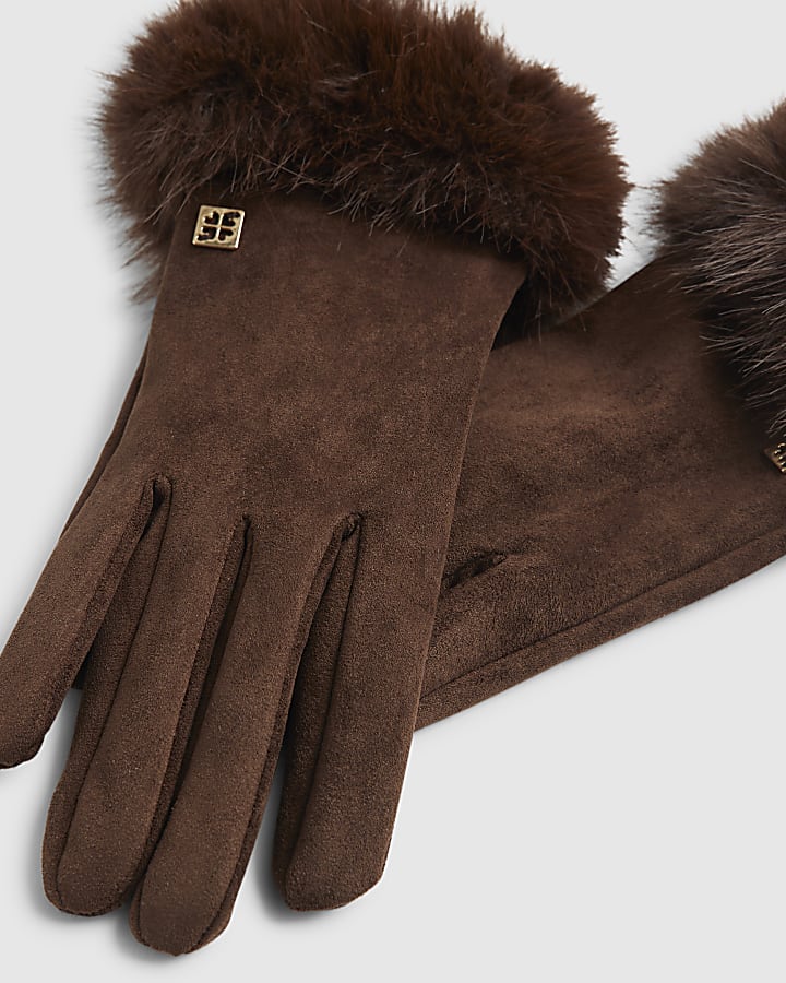 Brown Faux Fur Trim Gloves