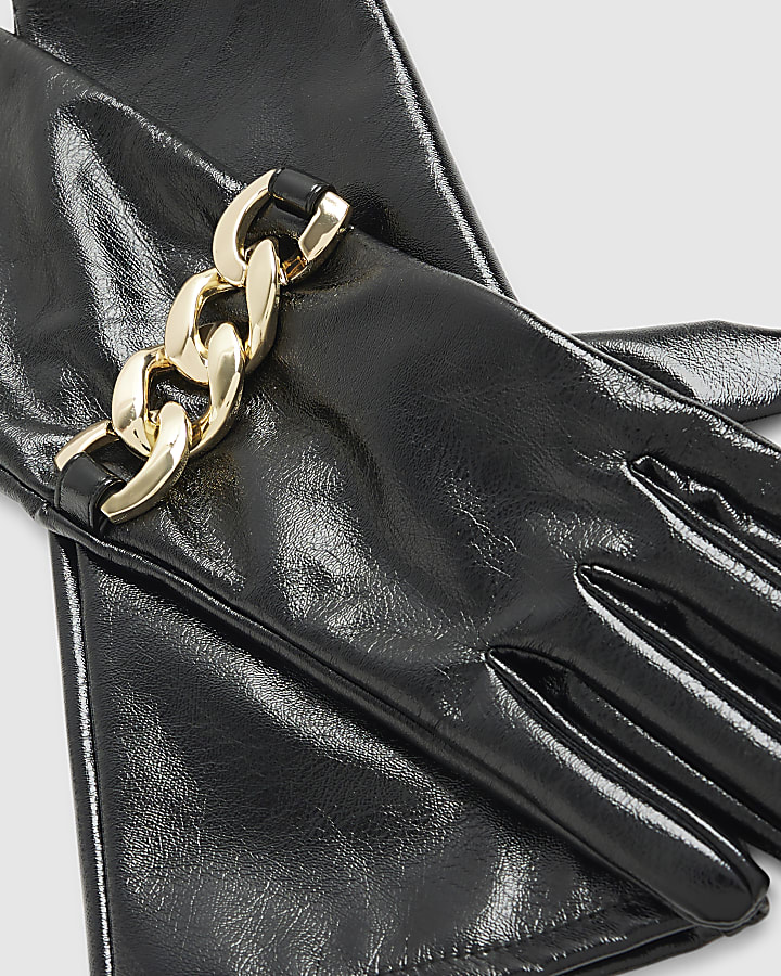 Black High Shine Long Chain Detail Gloves
