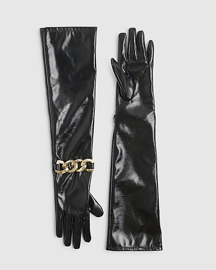 Black High Shine Long Chain Detail Gloves