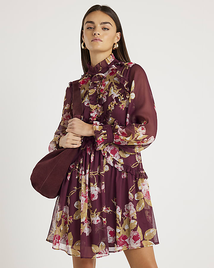 Red Chiffon Floral Long Sleeve Mini Dress