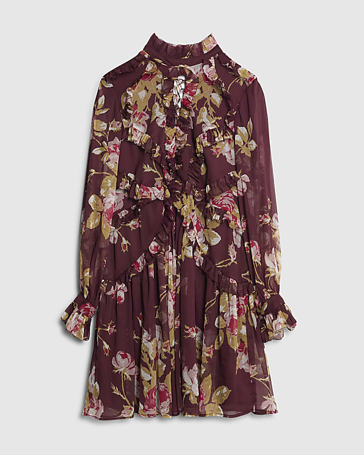 Red Chiffon Floral Long Sleeve Mini Dress