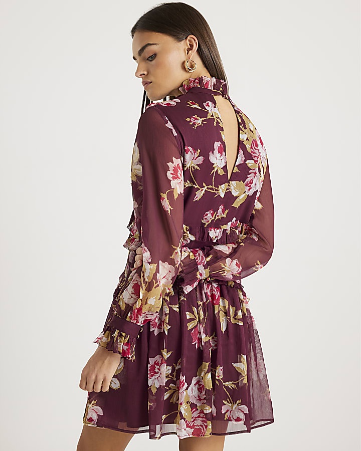 Red Chiffon Floral Long Sleeve Mini Dress