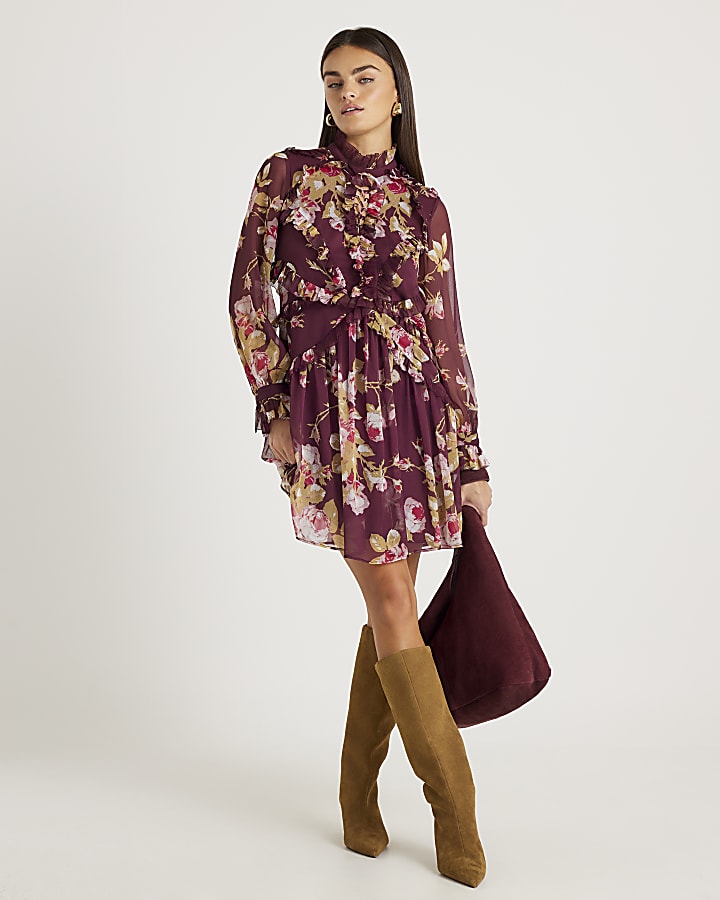 Red Chiffon Floral Long Sleeve Mini Dress
