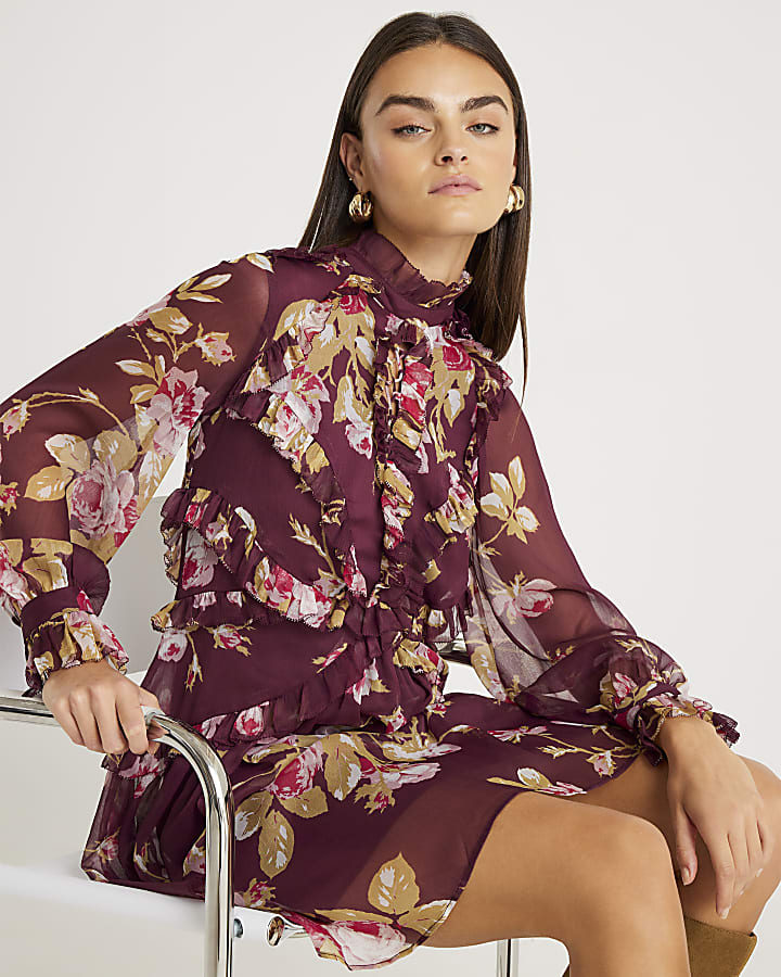 Red Chiffon Floral Long Sleeve Mini Dress
