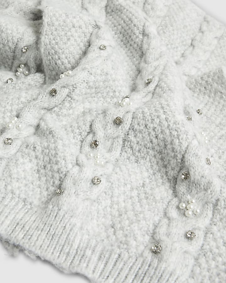 Grey Diamante Hat and Scarf Set