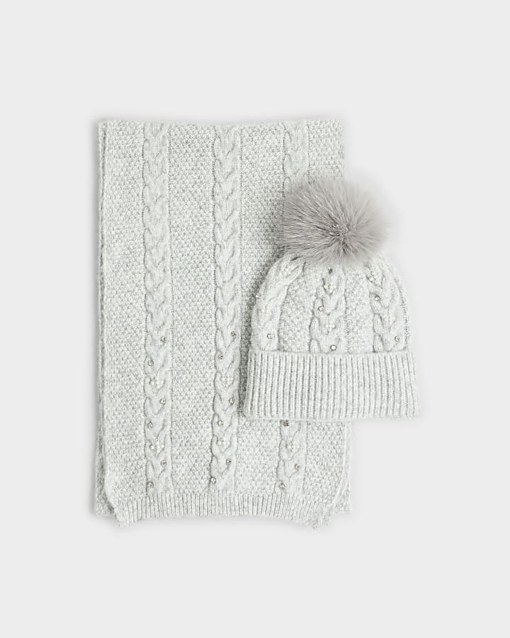 Grey Diamante Hat and Scarf Set