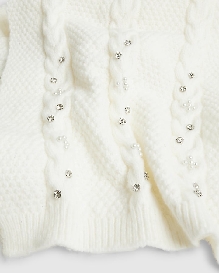 Cream Diamante Hat and Scarf Set