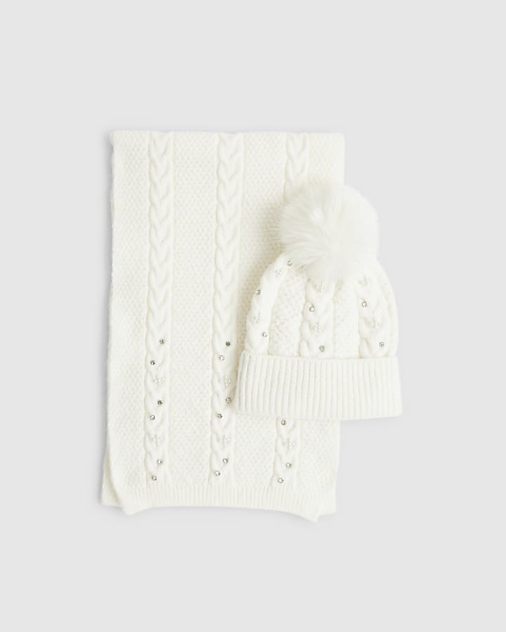 Cream Diamante Hat and Scarf Set