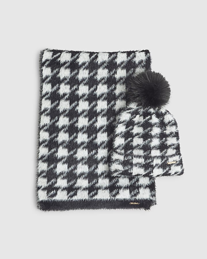 Black Dogtooth Print Hat and Scarf Set