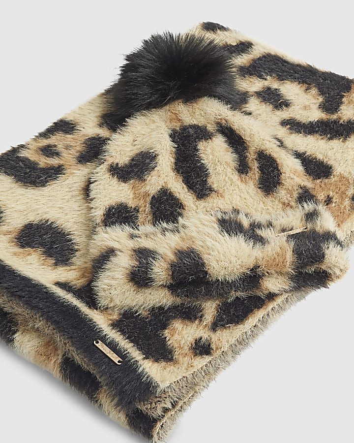 Beige Leopard Print Hat and Scarf Set