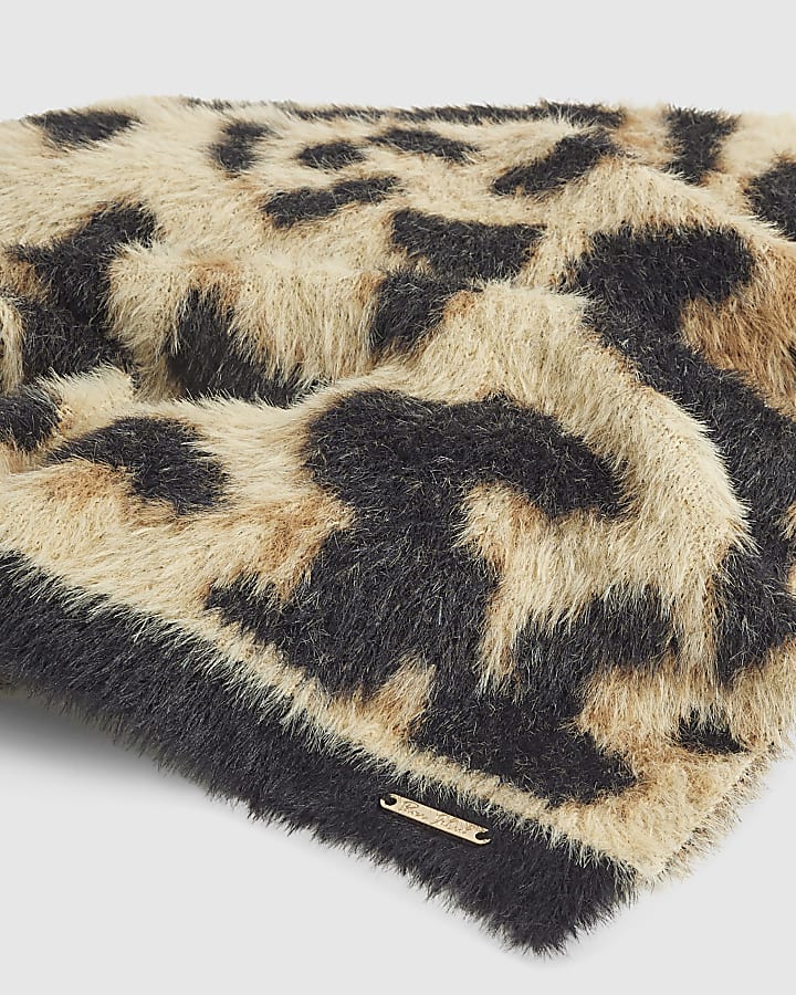 Beige Leopard Print Hat and Scarf Set