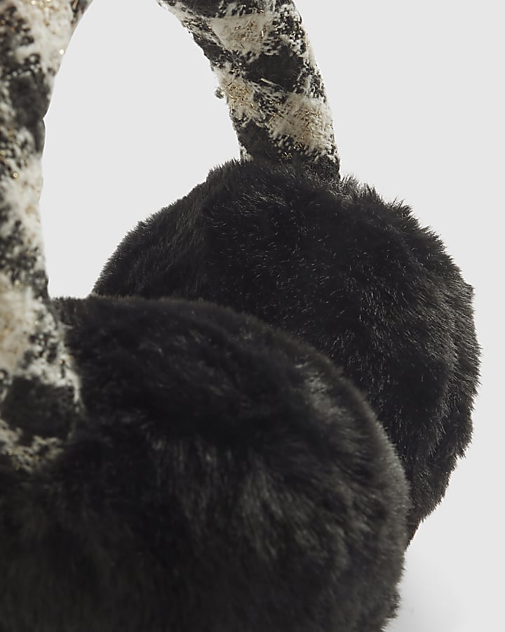Black Boucle And Faux Fur Earmuffs