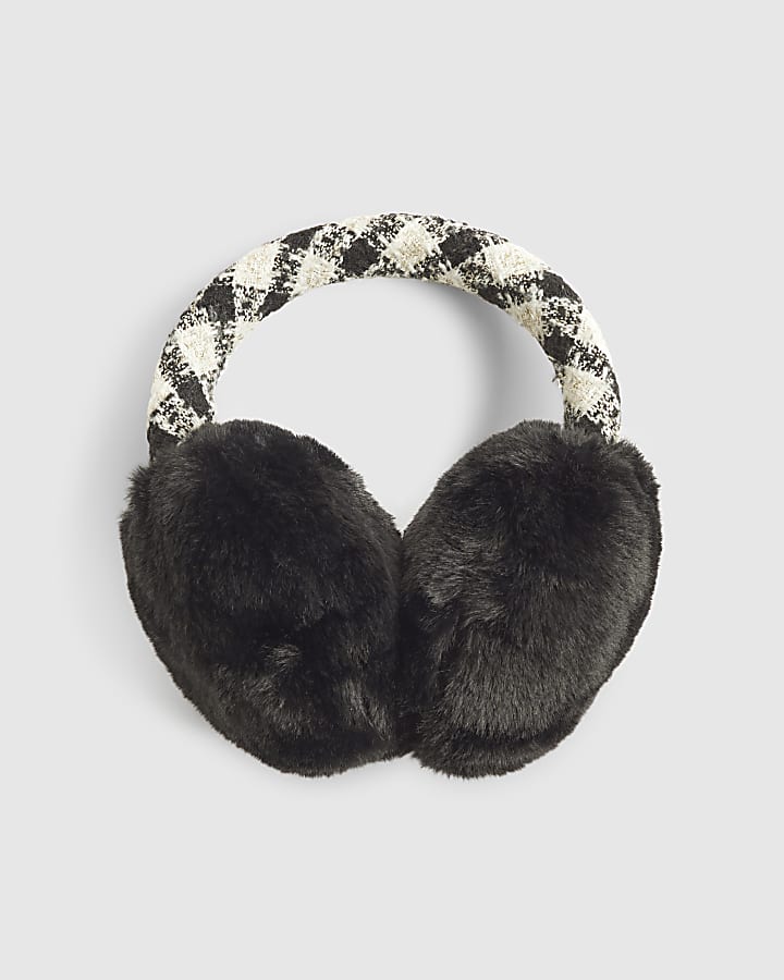 Black Boucle And Faux Fur Earmuffs