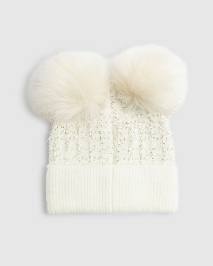 Cream Boucle Double Pom Beanie Hat